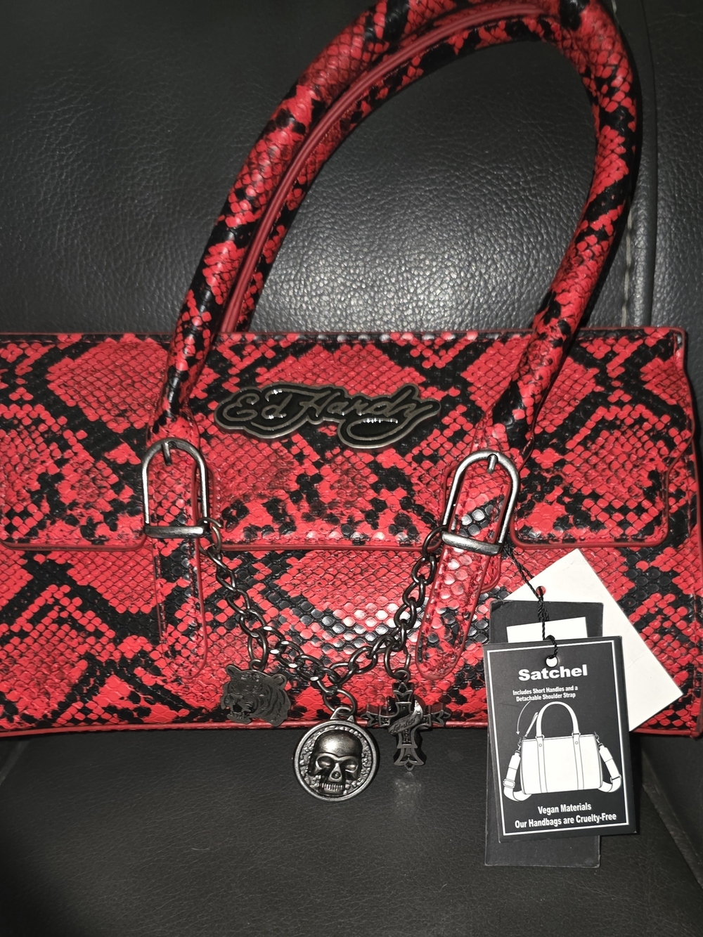 Ed Hardy Red and Black Snake-Print Satchel with Charm Chain